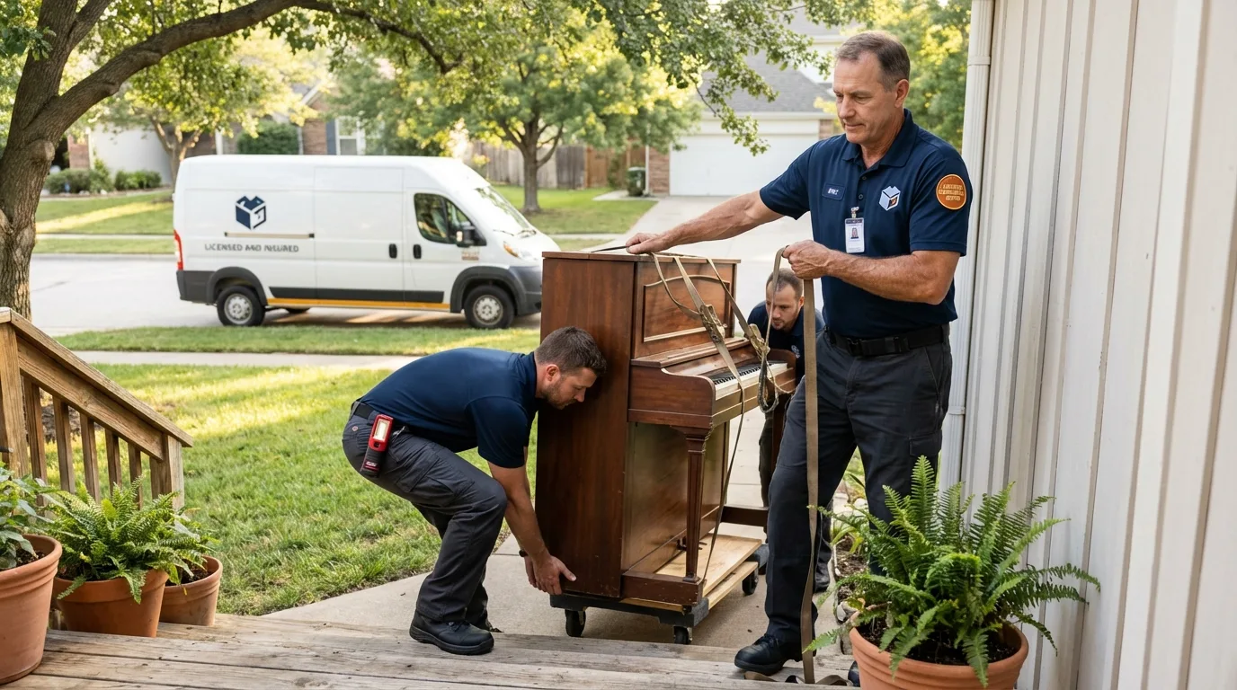 Licensed piano movers securing grand piano in Victorville, CA
