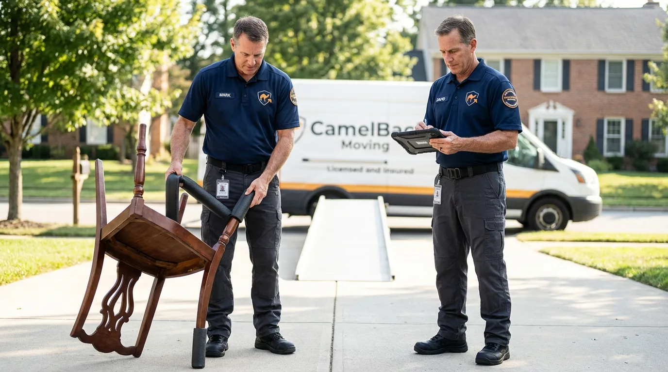 Movers inspecting furniture for damage prevention before loading in Victorville, CA
